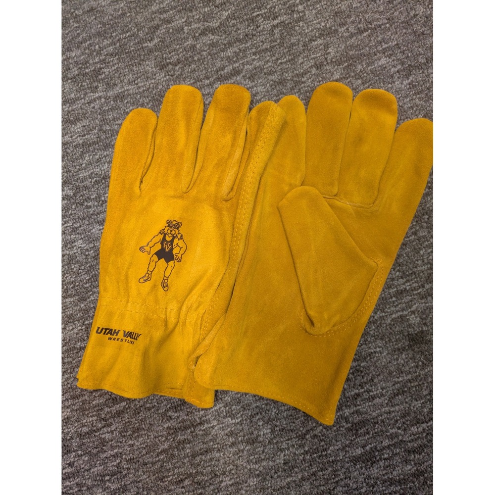 NEW Wrestling Leather Work Gloves Men's XL Yellow Suede Mascot Logo
